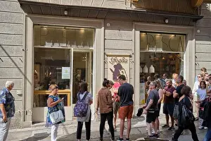Customers Prints: Customers waiting outside Sfoglia Reina Pasta Shop Restaurant in Bologna Italy