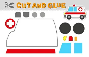 Cut and glue ambulance car. Vector illustration of school bus. Paper game for children activity and education. Simple level