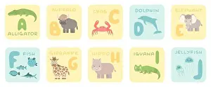 Alligator Prints: Cute A-J alphabet cards with cartoon rainforest jungle African animals