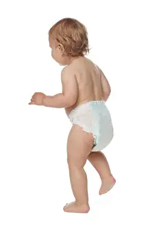 Diaper Prints: Cute baby in diaper learning to walk on white background