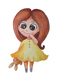 Gingerbread Prints: Cute baby illustration. Girl with a haircut in a yellow dress with a toy bunny