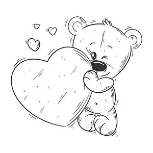 Teddy Prints: Cute bear carrying heart for coloring