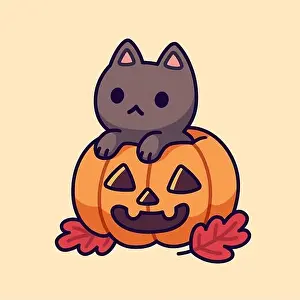 Cute black cat inside Halloween pumpkin with carved spooky face. Adorable kitten drawing, funny vector illustration