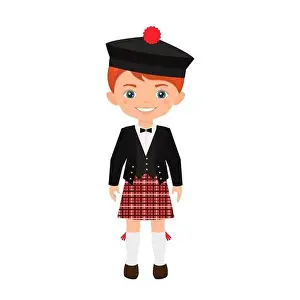 Cute boy character in Scottish suit isolated on white background. Cartoon flat style. Vector illustration