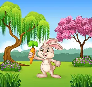 Vector Vectors Prints: Cute bunny holding carrot in the jungle