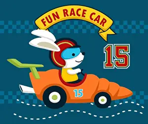Racer Prints: Cute bunny wearing helmet car racer driving carrot car. Vector cartoon illustration