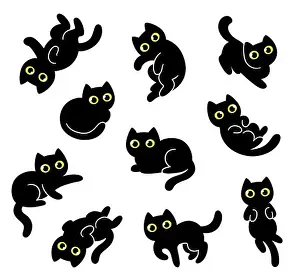 Curled Prints: Cute cartoon black cat drawing set
