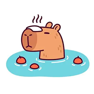 Hot Spring Prints: Cute cartoon capybara in Japanese Onsen hot spring with steaming towel on head