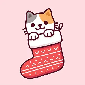 Cutie Prints: Cute cartoon cat in Christmas stocking