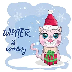 Claus Prints: Cute cartoon cat in a Santa hat on a background of snow
