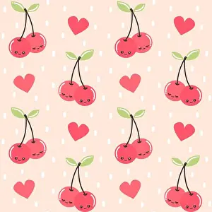 Polka Prints: cute cartoon cherries character seamless vector pattern background illustration