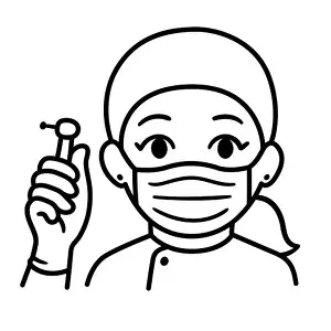 Caries Prints: Cute cartoon female dentist in face mask holding a drill