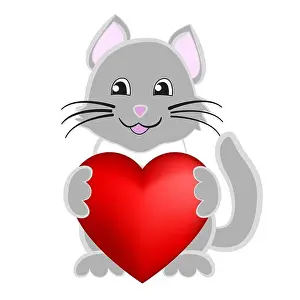 Valentines Day Prints: Cute cartoon kitten holding a symbol of love heart in its paws