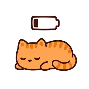 Lying Prints: Cute cartoon kitten taking power nap with charging battery