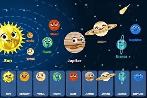 Mercury Prints: Cute cartoon Solar system space planets with smiling faces orbiting Sun