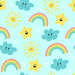Bohemian Prints: Cute cartoon sun, rainbow, cloud and star - seamless pattern background on blue