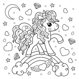 Pony Prints: Cute cartoon unicorn. Black and white linear drawing. Vector