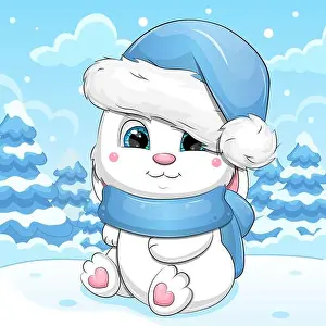 Big Eyes Prints: Cute cartoon White Rabbit with hat and scarf in winter