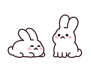 Two cute cartoon white rabbits, simple drawing. Kawaii Easter bunny vector clip art illustration