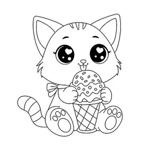Waffle Prints: Cute Cat Eating Ice Cream. Kitty Coloring Page