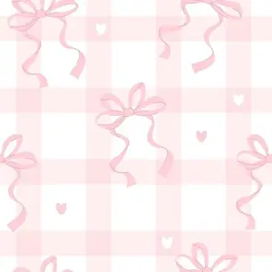 Checkered Prints: Cute coquette seamless pattern pink ribbon bow on checkered background with hearts