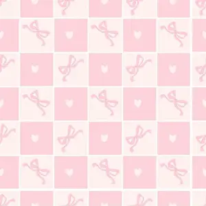 Delightful Prints: Cute coquette seamless pattern pink ribbon bow and hearts on delicate pink checkered background