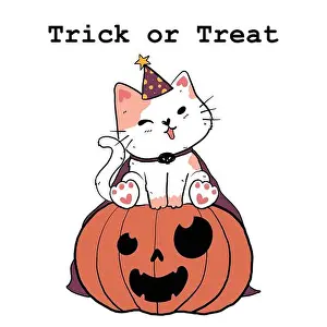 Trick Or Treat Prints: cute doodle white fat cat in purple witch hat and cape sit on an orange Autumn pumpkin leaf fall