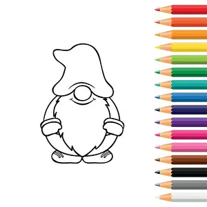 Eps10 Prints: cute dwarf for coloring book with pencils vector illustration EPS10