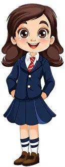 Boarding School Prints: Cute girl student cartoon character in school uniform illustration