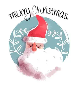 Santa Claus Prints: Cute hand drawn Christmas illustration of santa claus face on ornamental decoration background