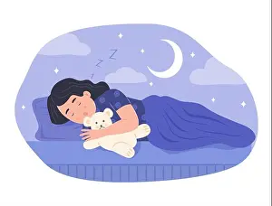 Sleepy Prints: Cute Kid Girl Hugging Teddy Bear and Sleeping in Bed at Night