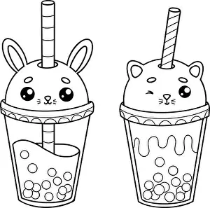 Milkshake Prints: Cute outline glass of Bubble Tea Rabbit and cat with straw