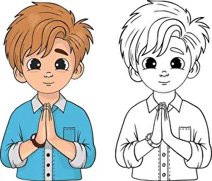 Worshiping Prints: Cute praying boy teenager with folded hands in prayer