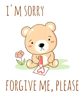 Forgiveness Prints: Cute sad cartoon bear draws a pencil heart
