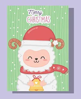 Claus Prints: cute sheep with scarf and bell merry christmas vector illustration