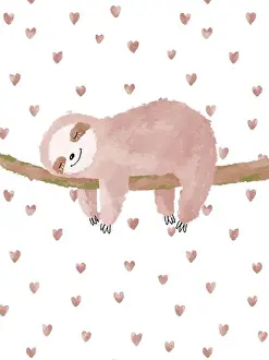 Lazy Prints: Cute sleeping sloth, pink hearts background illustration. Baby animal watercolor poster