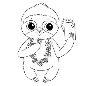 Lazy Prints: Cute sloth with flowers and phone coloring page