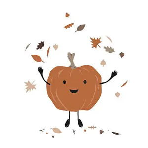 Throwing Prints: Cute smiling pumpkin throwing up leaves in the air