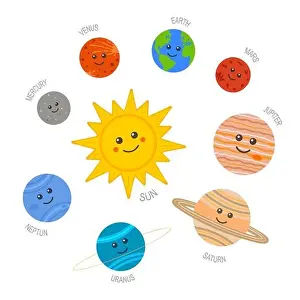 Mercury Prints: Cute Solar system. Sun and planets characters in cartoon style with they names on white background