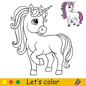 Baby Shower Prints: Cute standing cartoon unicorn. Coloring book page with colorful template