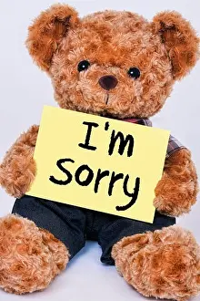 Forgiveness Prints: Cute teddy bear holding a yellow sign that reads I'm Sorry isolated on a white background