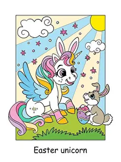 Home Décor Prints: Cute unicorn head with rainbow mane in the sky with stars