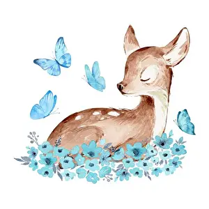 Reindeer Prints: Cute Watercolor Illustration of the Baby Deer over white
