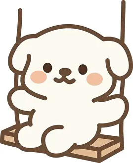 Stickers Prints: Cute white puppy sitting on a wooden swing