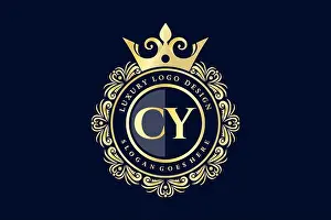 Calligraphic Prints: CY Initial Letter Gold calligraphic feminine floral hand drawn heraldic monogram antique vintage style luxury logo