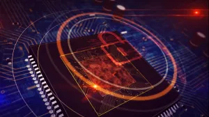 Hologram Prints: Cyber security concept with padlock hologram display over working cpu in background