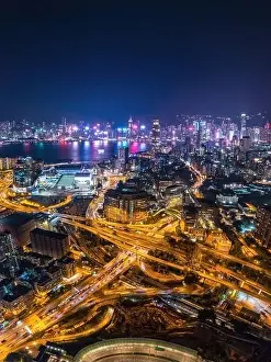 Cyberpunk Prints: cyberpunk color of the expressway and bridge in downtown Kowloon