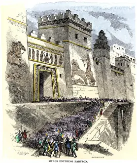 Mideast Prints: Cyrus the Great and Persian army entering Babylon 539 BC. Hand-colored woodcut