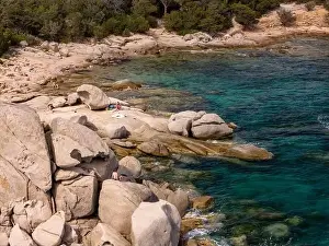 Da Mare By Sea Lounge in Porto-Vecchio and surrounding beach aerial view, Corsica France