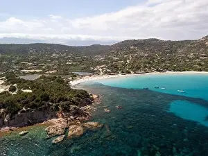 Da Mare By Sea Lounge in Porto-Vecchio and surrounding beach aerial view, Corsica France